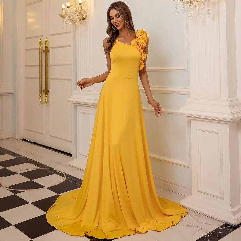 Prom dresses with illusion necklines and crystal embellishments for a formal affairElegante Vestidos Para Mujeres Women Lady Sexy Cocktail Party Elegant Evening Dresses Turkey yellow Dress