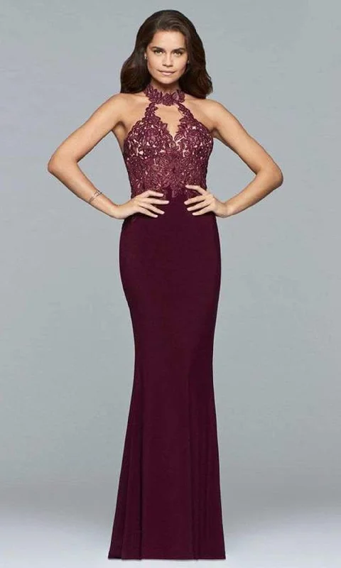 Prom dresses with keyhole backs and rhinestone - studded straps for a flirty lookFaviana - Lace Sleeveless Cutout Long Gown 7750