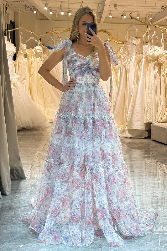 Prom dresses with one - shoulder designs and feather accents for a bold statementFloral Print A Line Adjustable Straps Tulle Long Prom Dress