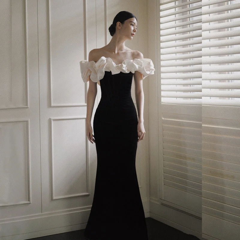 A - line formal dresses with beaded lace appliques for formal eventsFrench Satin Evening Dress A - line formal dresses with beaded lace appliques for formal eventsFrench Satin Evening Dress