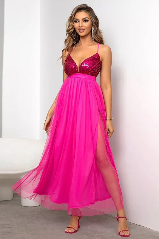 Party dresses with a polka - dot pattern for a classic and playful style​Fuchsia Deep V Neck A Line Sparkly Long Prom Dress With Slit