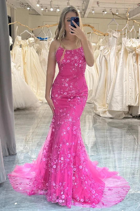 Formal dresses with button - front designs and tulle skirts for a charming prom styleFuchsia Mermaid Long Prom Dress With Appliques