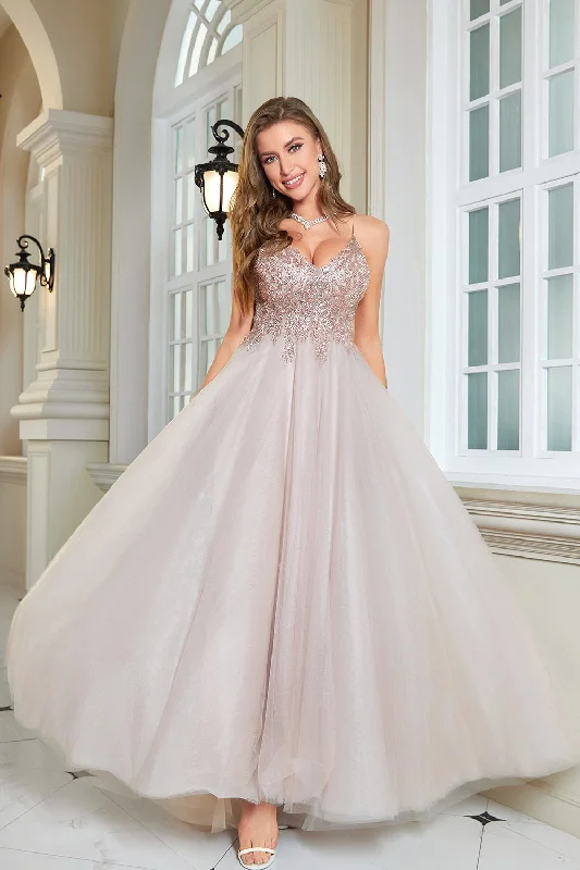 Party dresses with a satin - lined interior for added comfort​Glitter Blush A-Line Tulle Long Prom Dress with Lace