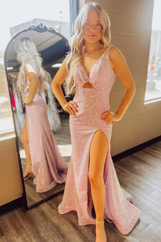 Party dresses with a metallic finish for a shiny and eye - catching effect​Glitter Blush V Neck Long Prom Dress With Slit