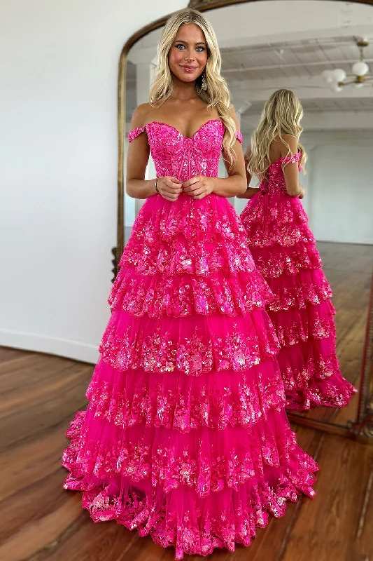 Prom dresses with pom - pom - decorated hems and cotton - blend fabrics for a playful and comfortable formal styleGlitter Hot Pink Corset Off the Shoulder Lace Long Prom Dress