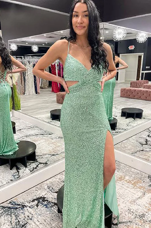 Tea - length party dresses for a sophisticated and versatile option​Glitter Light Green Mermaid Long Prom Dress With Slit