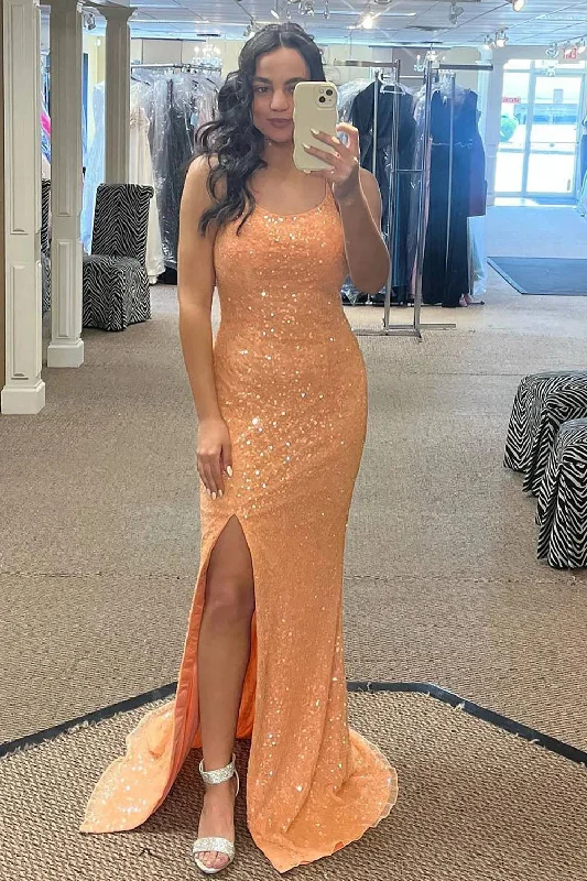 Backless party dresses for a sexy and alluring appearance​Glitter Orange Mermaid Long Prom Dress With Slit