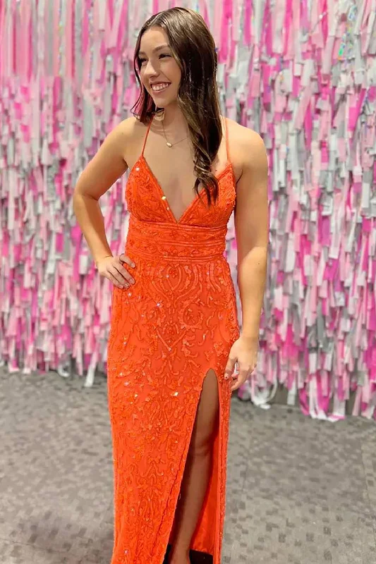 Gothic - style party dresses for a dark and mysterious look​Glitter Orange Mermaid Long Prom Dress With Slit