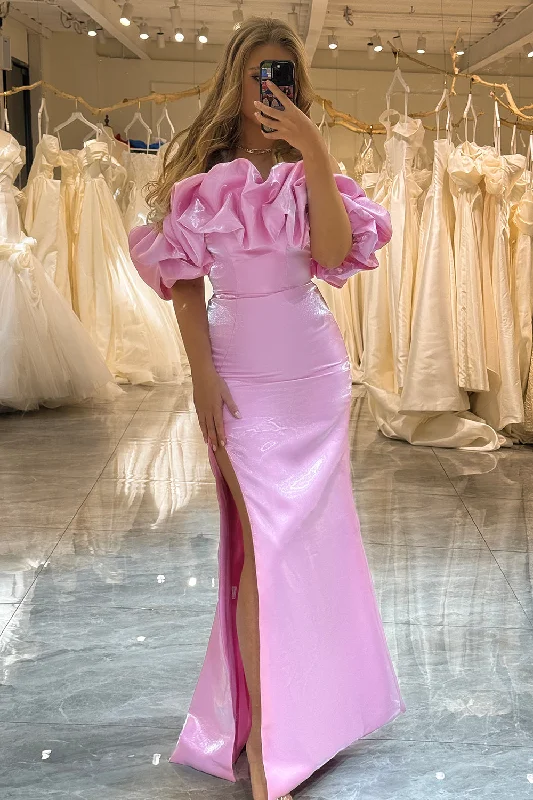 Formal dresses with ruffled skirts and bow accents for a charming prom appearanceGlitter Pink Floral Mermaid Long Prom Dress With Slit