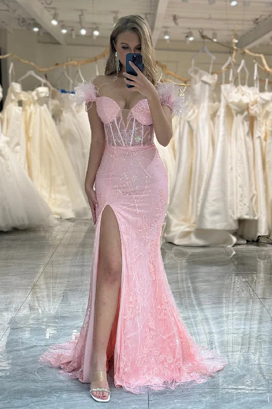 Prom dresses with one - shoulder designs and feather accents for a bold statementGlitter Pink Mermaid Long Prom Corset Prom Dress With Appliques