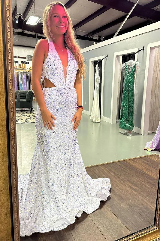 Midi - length party dresses for a modest and fashionable choice​Glitter White Mermaid V Neck Long Prom Dress