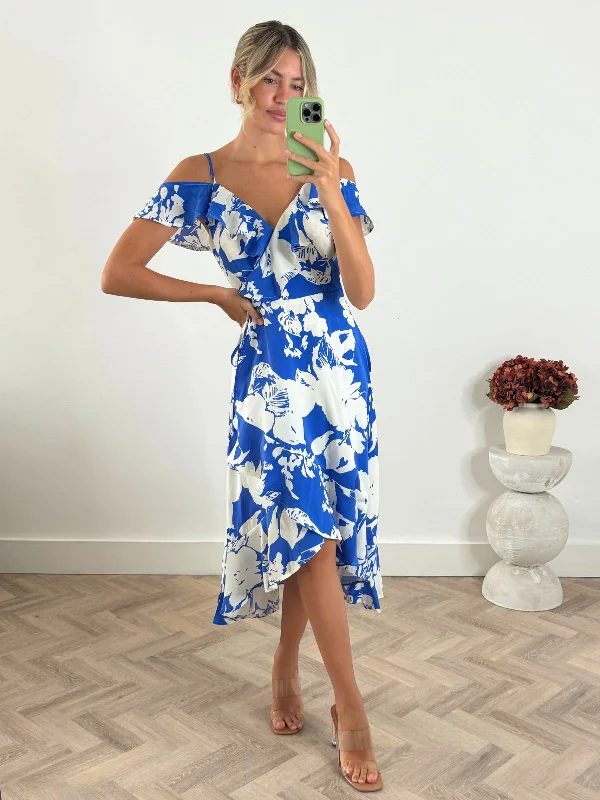 Formal dresses with tassel - adorned belts and tiered skirts for a stylish and festive formal eventHarri Cold Shoulder Midi dress / Cobalt Floral Formal dresses with tassel - adorned belts and tiered skirts for a stylish and festive formal eventHarri Cold Shoulder Midi dress / Cobalt Floral