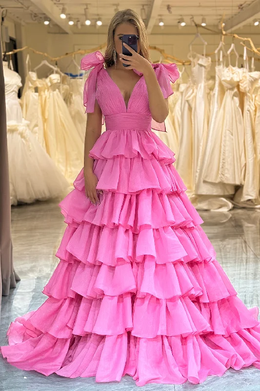 Prom dresses with lace - trimmed sleeves and empire - style waists for a flattering and vintage - inspired formal affairHot Pink A Line V Neck Long Tiered Prom Dress