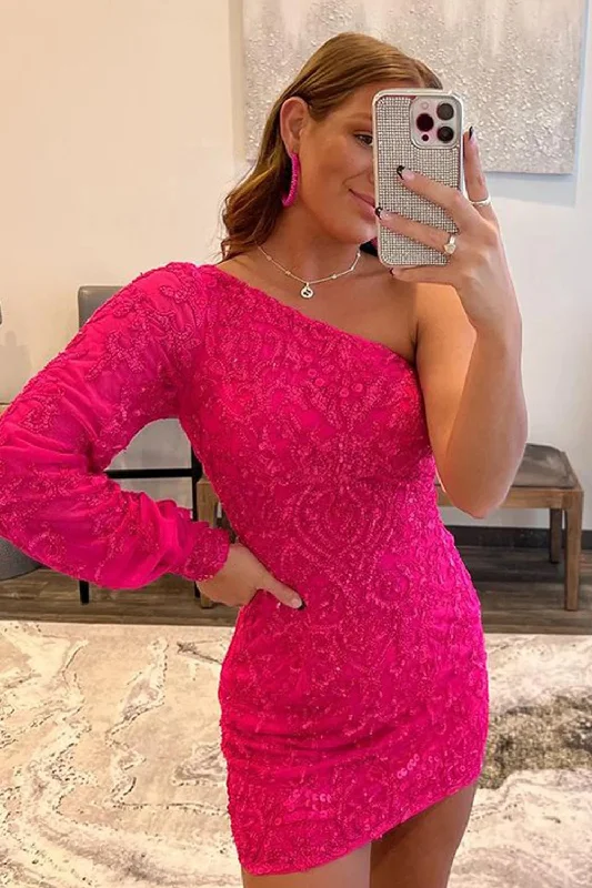 Satin party dresses with a smooth and lustrous finish​Hot Pink Beaded Sequins One Shoulder Tight Party Dress
