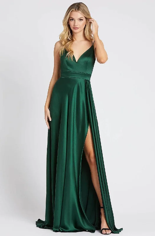 Formal dresses with asymmetric ruffled hems and high - low designs for a fashion - forward and dynamic appearanceIeena Duggal - 55278I V Neck Satin Gown