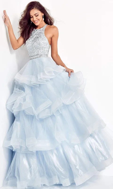 Formal dresses with tiered skirts and pearl embellishments for a luxurious feelJovani - 00461 Embellished Halter Tiered A-line Dress