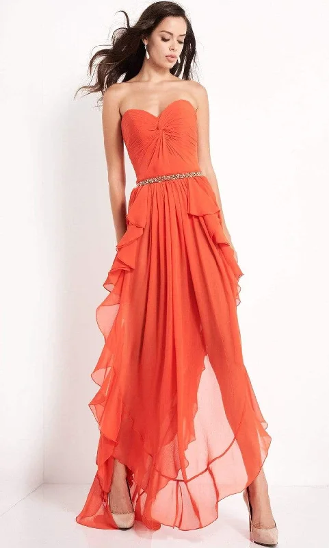 Formal dresses with abstract print panels and rhinestone embellishments for a unique formal eventJovani - 04874 Strapless Ruffle Hem High-Low Chiffon Dress