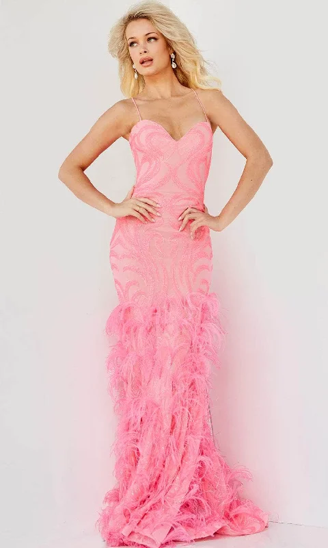 Prom dresses with one - shoulder ruffled straps and geometric patterns for a contemporary and eye - catching formal eventJovani 07425 - Sweetheart Sequin Feathered Prom Dress