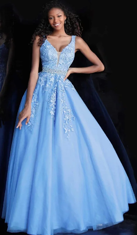 Prom dresses with one - shoulder ruffled straps and geometric patterns for a contemporary and eye - catching formal eventJVN by Jovani JVN68258 - Embellished Lace Deep V-neck Ballgown