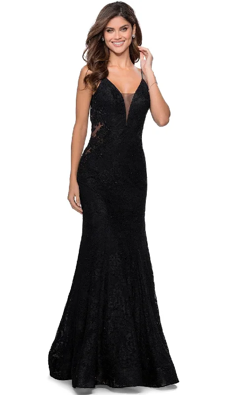 Formal dresses with tassel - adorned belts and tiered skirts for a stylish and festive formal eventLa Femme - 28355 Plunging V-Neck Trumpet Gown