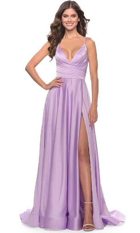 Formal dresses with abstract print panels and rhinestone embellishments for a unique formal eventLa Femme 31505 - Satin A-Line Prom Dress
