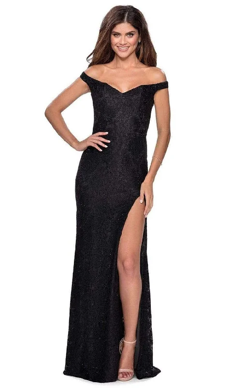 Sleeveless formal dresses with sequined straps and a - line skirts for a classic formal eventLa Femme - Embellished Off Shoulder High Slit Dress 28301SC