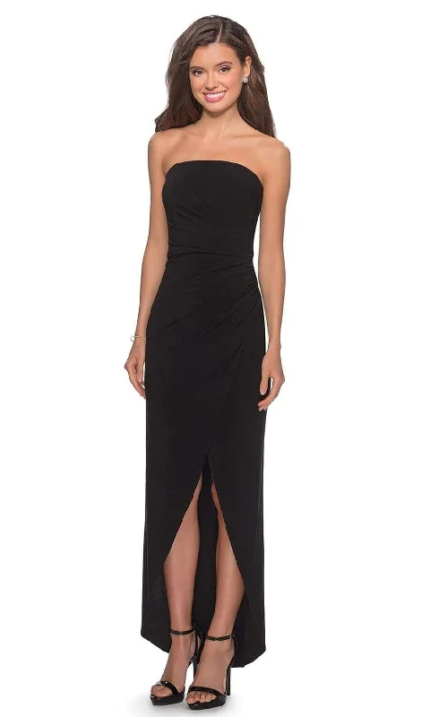 Prom dresses with side - slit skirts and beaded fringes for a glamorous appearanceLa Femme - Straight Across Faux Wrap Sheath Gown 28204SC