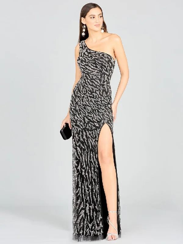 Party dresses with a jacquard pattern for a rich and detailed look​Lara Dresses 29170 One Shoulder Beaded Evening Long Gown
