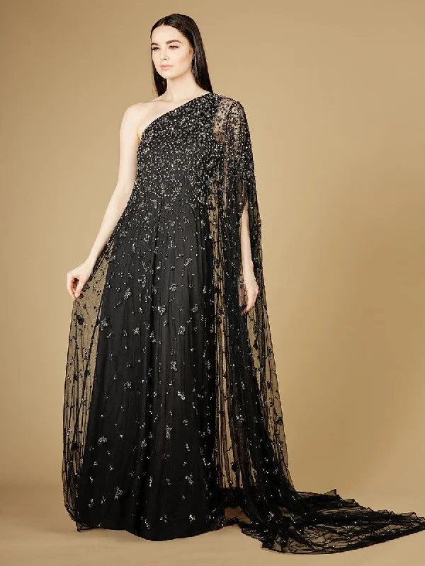 Party dresses with a pom - pom trim for a fun and festive touch​Lara Dresses 29172 Cape Sleeve Long Evening Gown