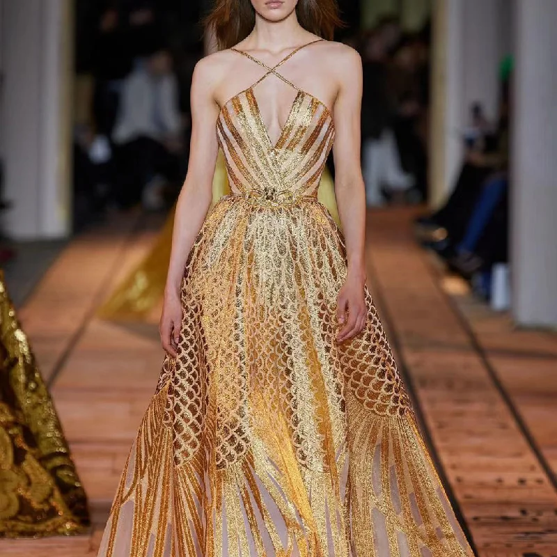 Formal dresses with ruffled skirts and bow accents for a charming prom appearanceLF304 High Quality V Neck Cross Spaghetti Straps Sequin Elegant Gowns Women Gold Long Evening Dress