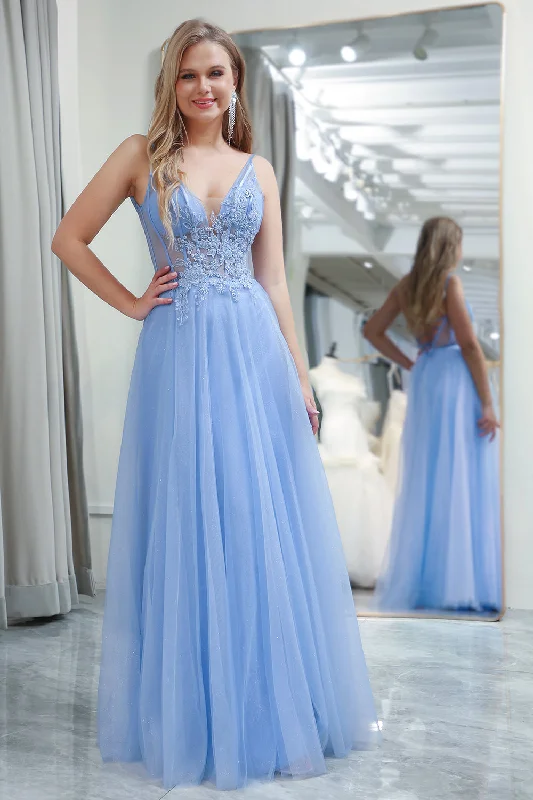 Formal dresses with pleated yokes and button - up fronts for a classic and refined lookLight Blue A Line Long Corset Prom Dress