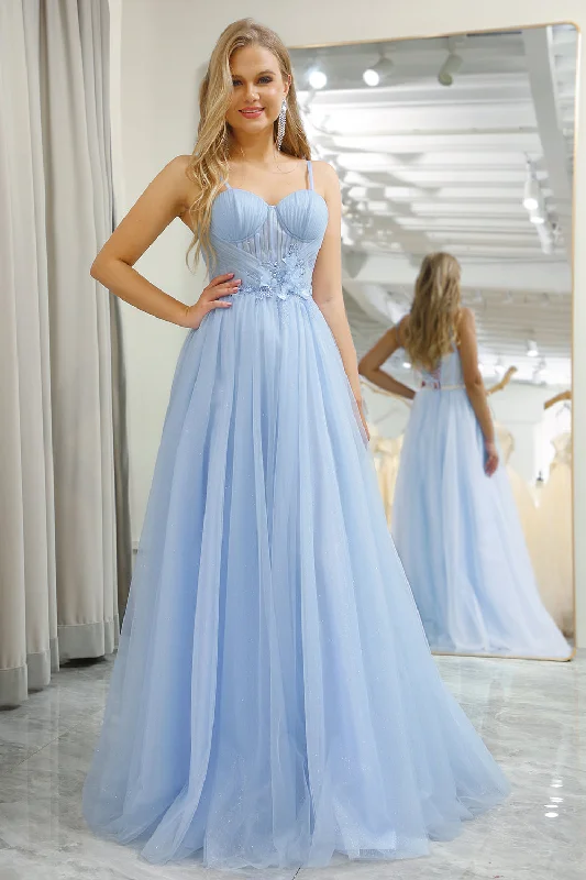 Prom dresses with illusion necklines and crystal embellishments for a formal affairLight Blue A Line Tulle Long Corset Prom Dress
