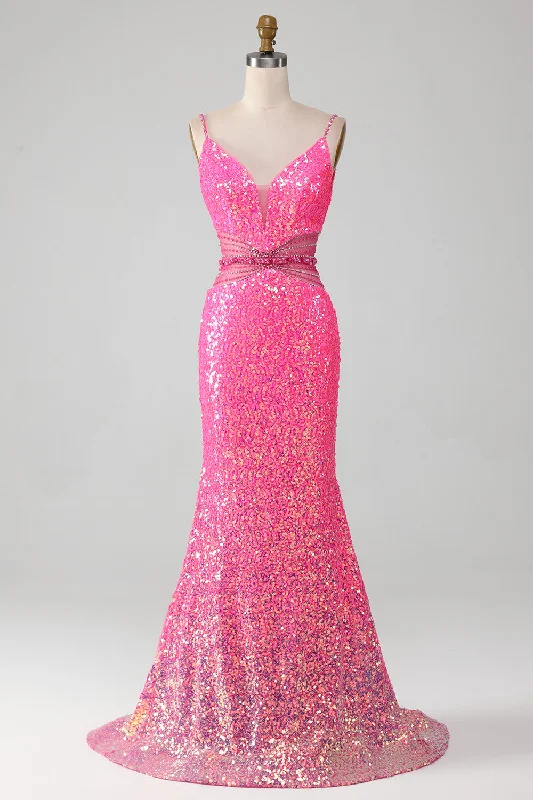 Prom dresses with pom - pom - decorated hems and cotton - blend fabrics for a playful and comfortable formal styleFuchsia Spaghetti Straps Glitter Mermaid Prom Dress with Beading Waist