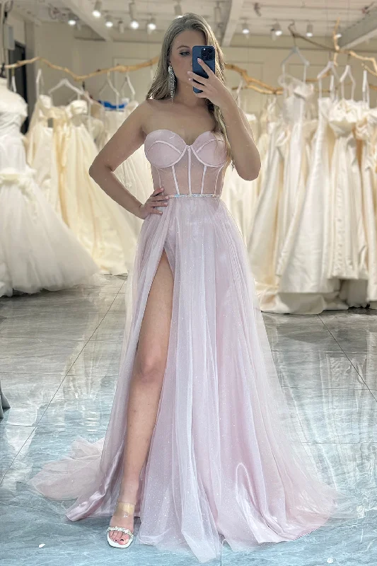 Formal dresses with geometric patterns and metallic accents for a modern formal affairLight Pink A Line Long Corset Prom Dress With Slit