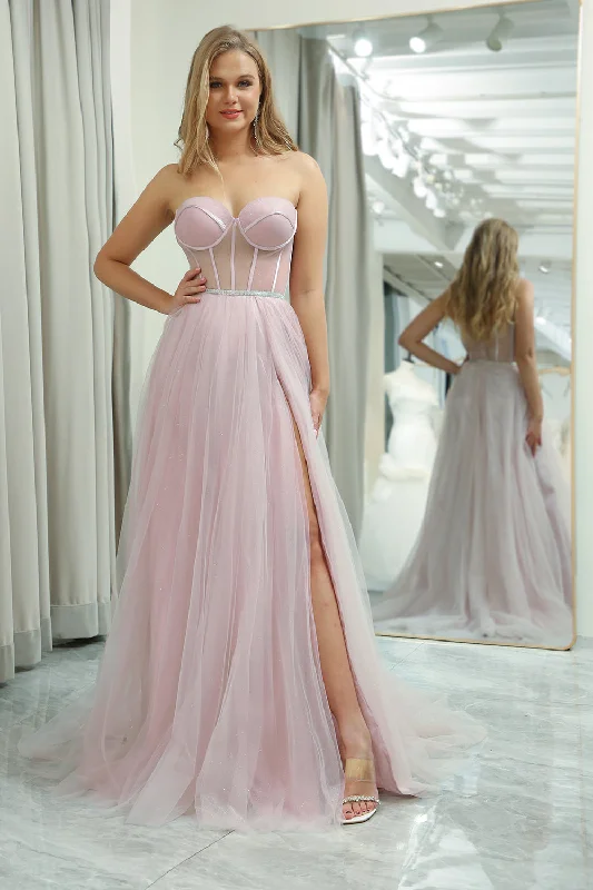 Formal dresses with tiered lace skirts and off - the - shoulder necklines for a feminine and elegant formal appearanceLight Pink A Line Sweetheart Long Corset Prom Dress With Slit
