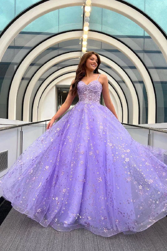 Formal dresses with tiered lace skirts and off - the - shoulder necklines for a feminine and elegant formal appearanceSparkly Lilac A-Line Long Prom Dress with Lace