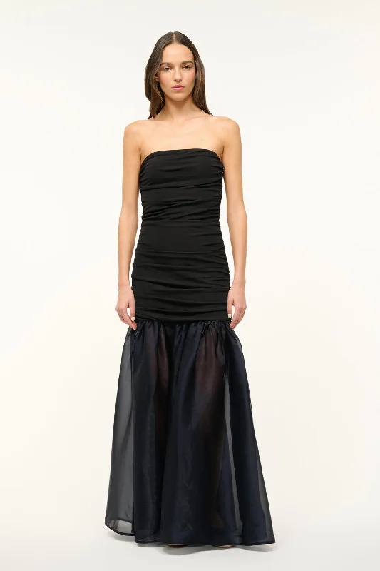 Formal dresses with one - shoulder ruffled straps and sequined bodices for a trendy and eye - catching lookLIYA DRESS | BLACK NAVY
