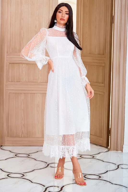 Party dresses with a mermaid silhouette for a figure - hugging fit​Long Sleeve Ruffle A Line White Maxi Dress
