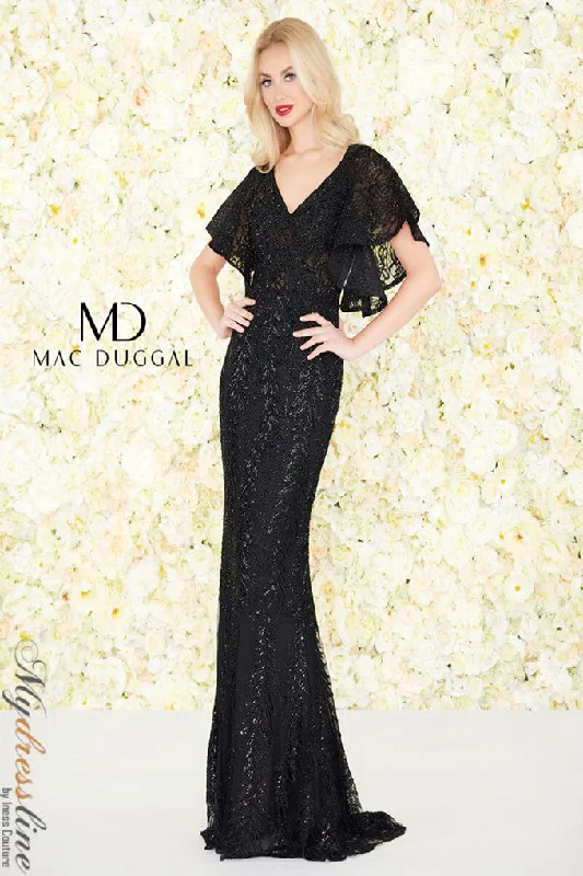 Formal dresses with cold - shoulder ruffled sleeves and floral prints for a romantic and trendy formal styleMac Duggal 20103
