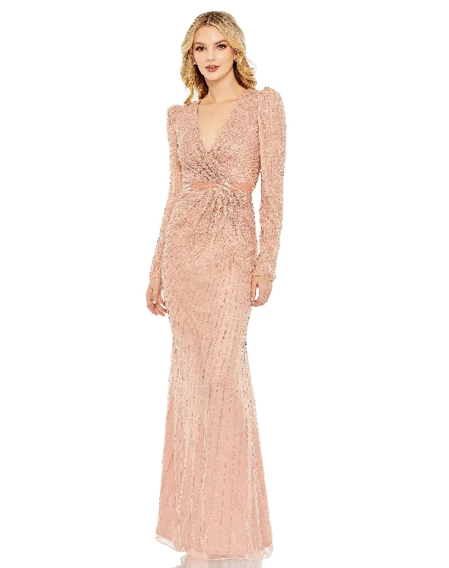A - line party dresses with a floral print for spring events​Mac Duggal 5715 Beaded Long Sleeve Formal Gown
