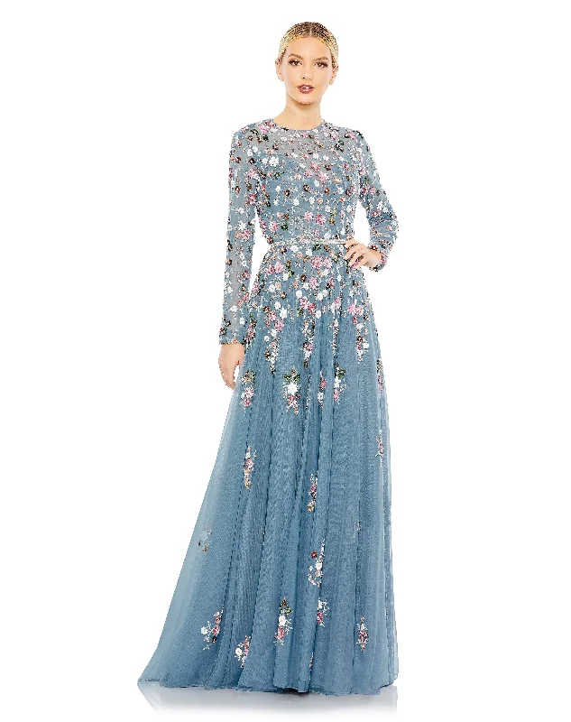 Party dresses with a V - neck design to enhance the neckline​Mac Duggal 5721 Long Sleeve Floral Formal Dress