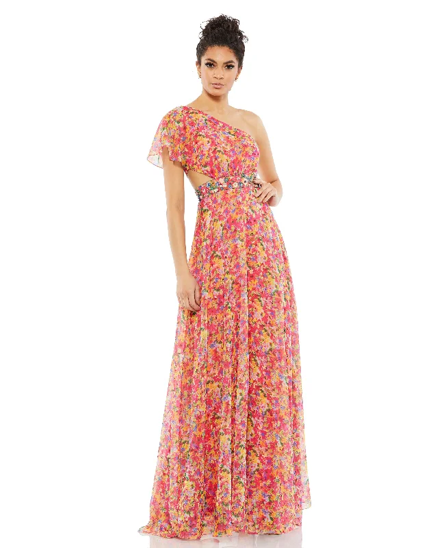 Plus - size party dresses with a flattering cut for all body types​Mac Duggal 9157 Long Floral One Shoulder Formal Dress