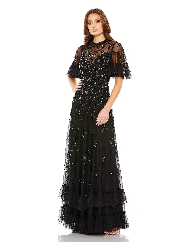 Empire - waist party dresses to accentuate the waistline​Mac Duggal 9199 Long Formal Beaded Short Sleeve Dress