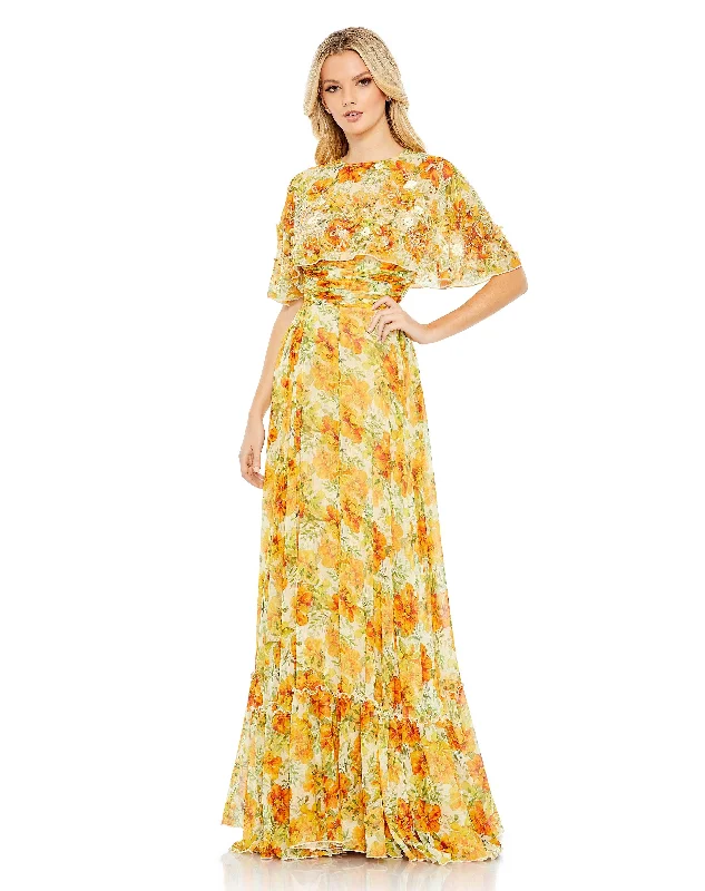 Beach party dresses made of lightweight and breathable fabric​Mac Duggal 9201 Long Formal Floral Print Cape Sleeve Dress
