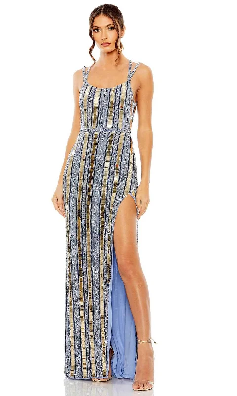 Sheath formal dresses with metallic thread detailing for a modern promMac Duggal 93981 - Strappy Back Linear Sequin Prom Gown