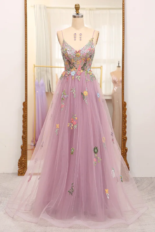 Prom dresses with one - shoulder ruffled straps and geometric patterns for a contemporary and eye - catching formal eventMauve A Line Tulle Beaded Appliques Long Prom Dress With Front Slit