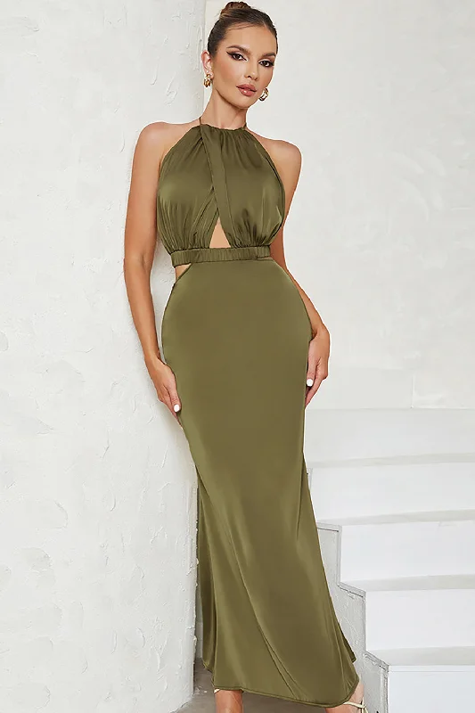Party dresses with a fringed detail for a fun and dynamic style​Mermaid Halter Backless Olive Party Dress