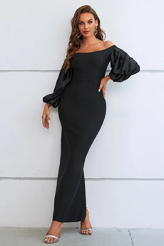 Fairy - themed party dresses with wings and glitter for a magical look​Mermaid Off The Shoulder Black Prom Dress with Puff Sleeves