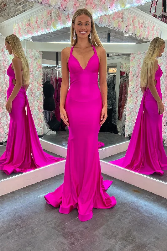 A - line formal dresses with beaded lace appliques for formal eventsMermaid Satin Halter Fuchsia Long Prom Dress