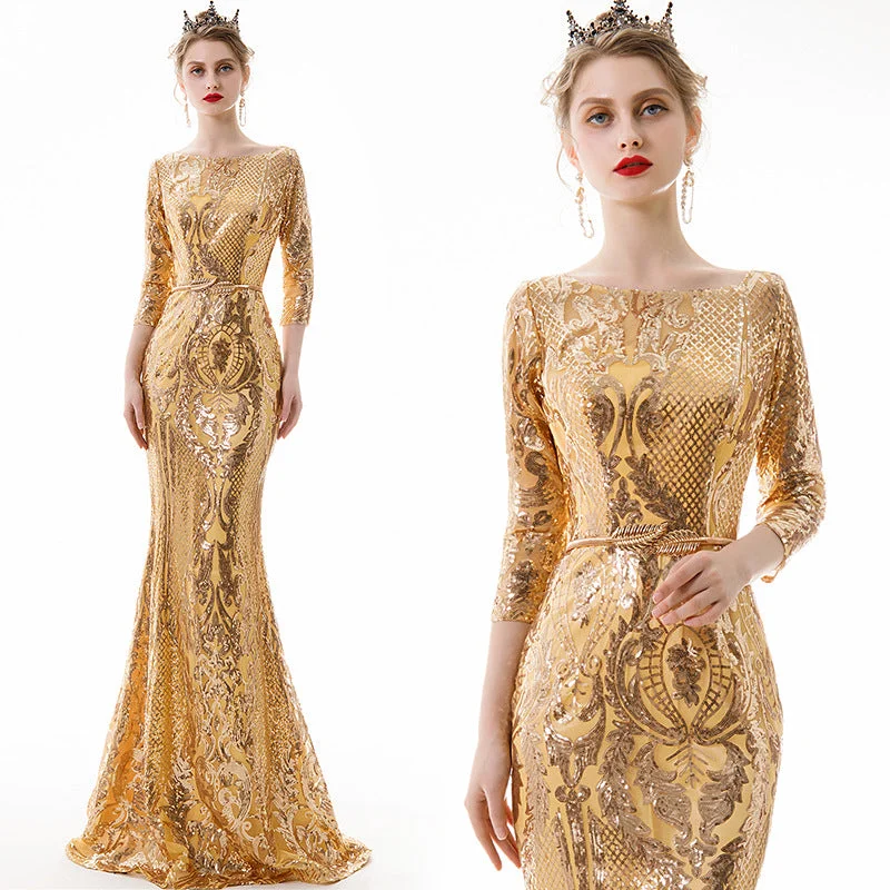 Formal dresses with wrap - around styles and beaded belts for a customized fitMid Sleeve Gold Mermaid Sequin Women Evening Dress  o neck party formal Long night dresses drop shipping fulfill